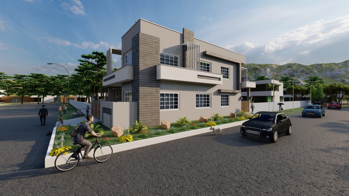 Side view with the stone-clad facade – Lumion render from the course